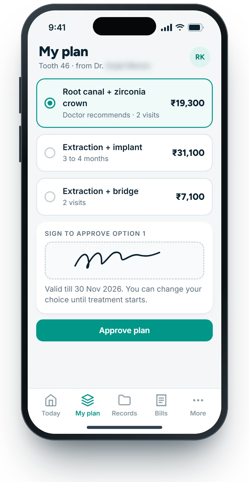 Patient app: choose an option and approve the plan with a signature