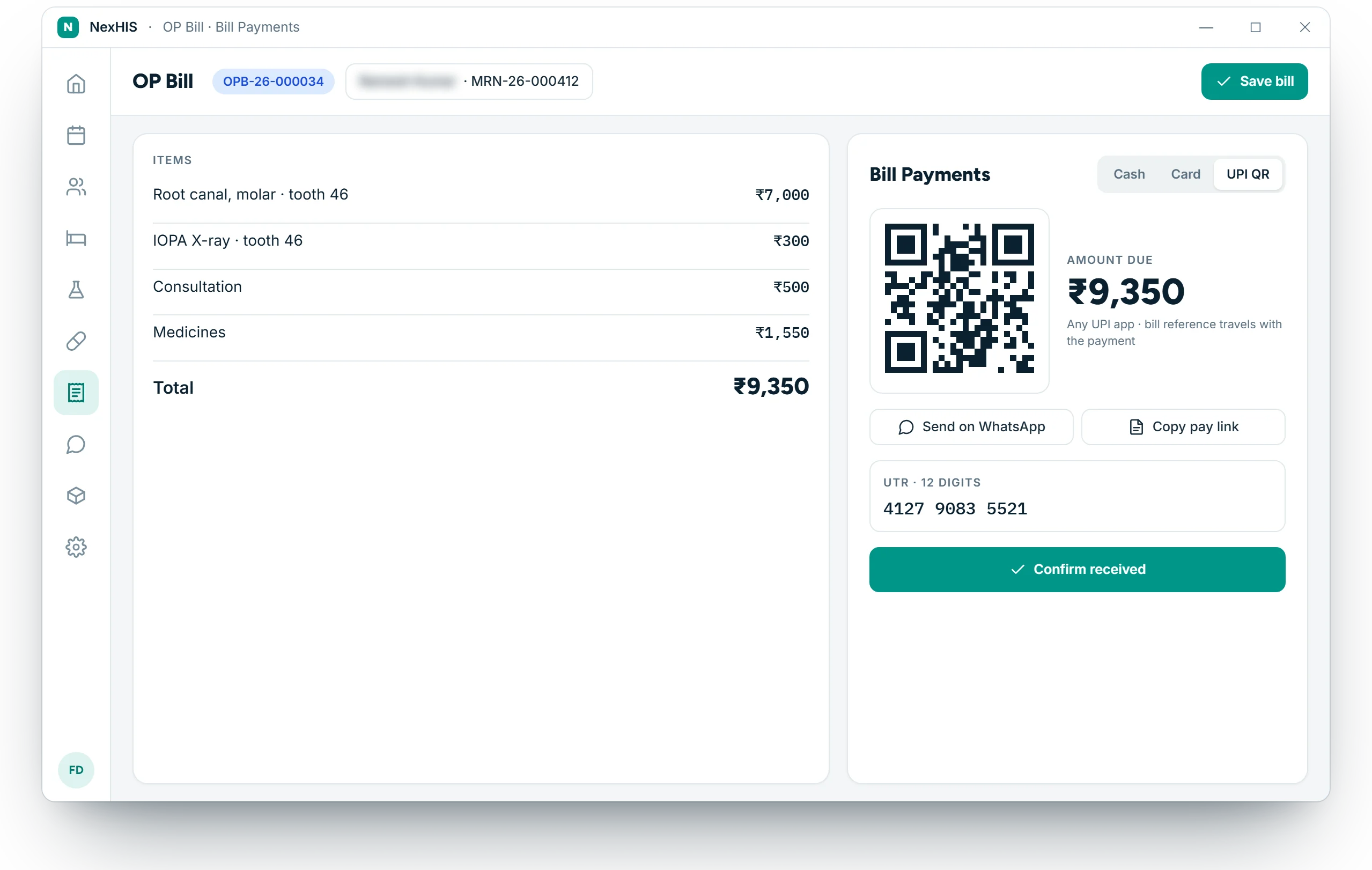 NexHIS OP bill with a UPI QR for the exact amount, a send-on-WhatsApp button and UTR confirmation