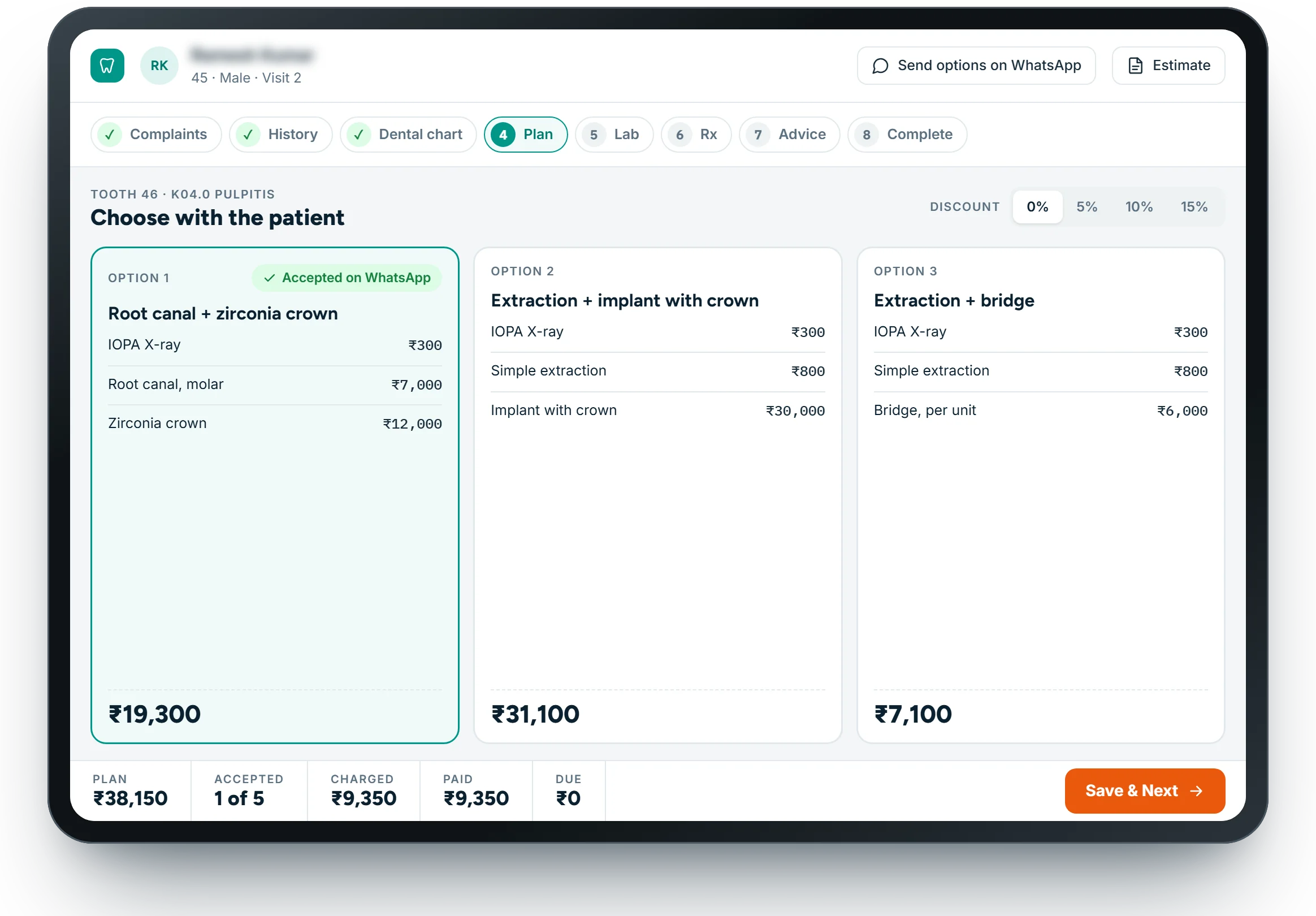 Treatment plan on a tablet: three options for tooth 46 with prices, option 1 accepted on WhatsApp
