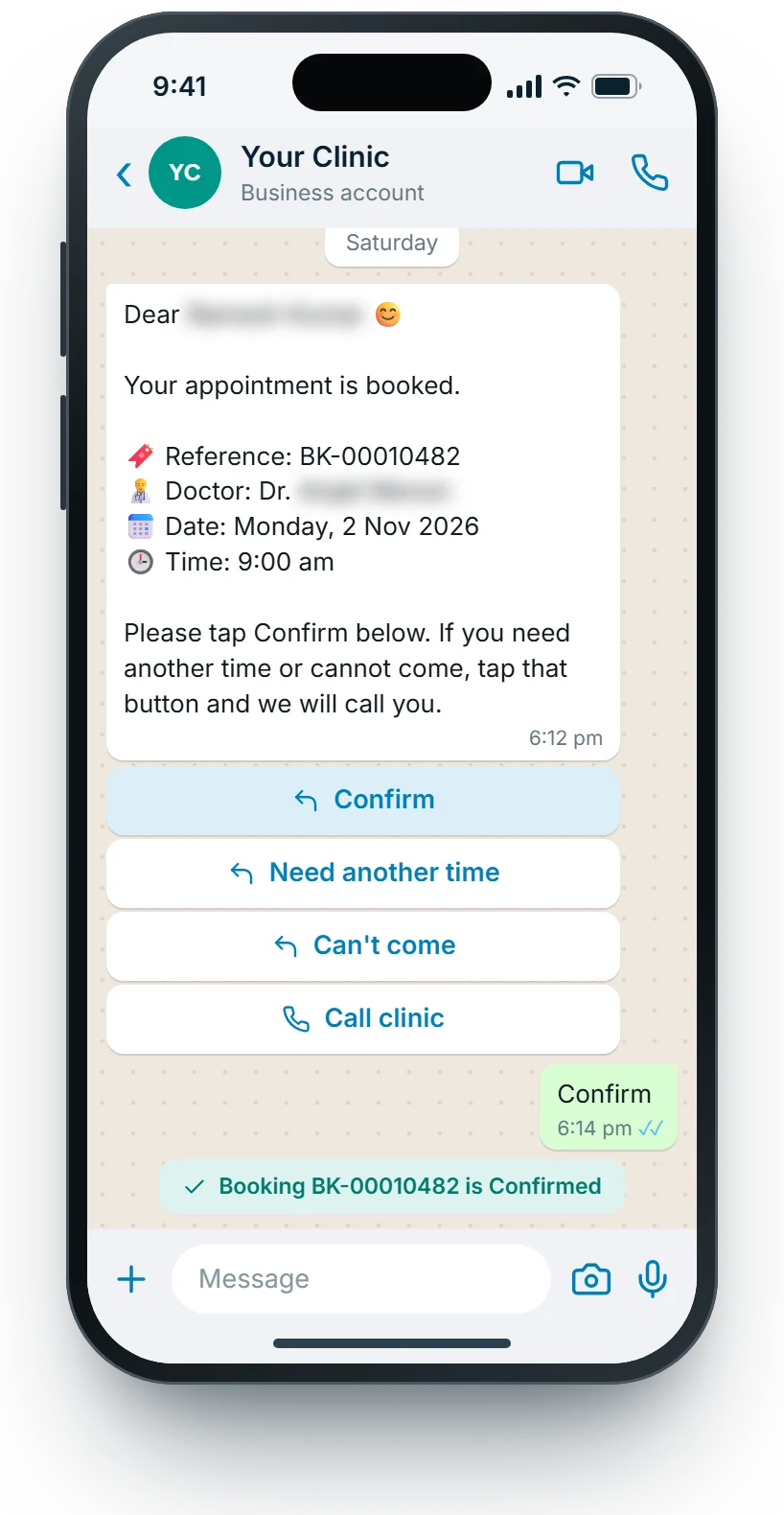 WhatsApp on a phone: the appointment is confirmed