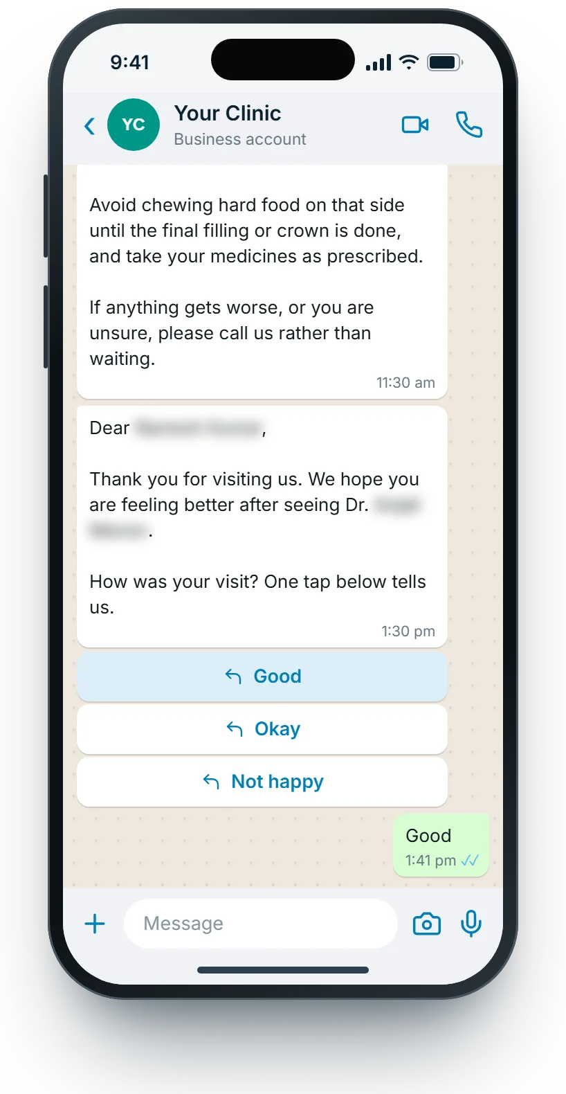 WhatsApp: after-care instructions and a feedback tap